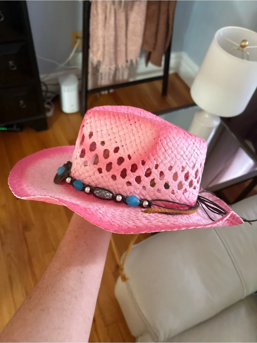 Pink Beaded Straw Cowgirl Hat with Turquoise Accents
